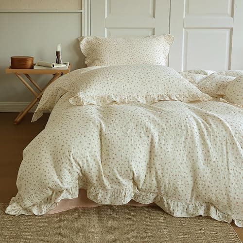 VM VOUGEMARKET 3 Pieces Full Cream Duvet Cover Set Ruffled,Girls Double-Layer Cotton Gauze Duvet Cover with Floral Pattern,Zipper Closure & Corner Ties,80"x90" - Image 1