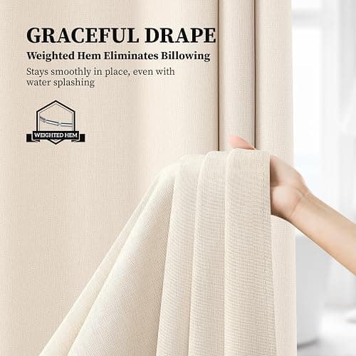 BTTN Beige Linen Textured Waterproof Cloth Shower Curtain Set, 72x72, Cream | 230GSM Polyester, Heavy Duty Fabric, Weighted Hem, 12 Plastic Hooks, Modern Hotel Style, Machine Washable, Bathroom Decor thumbnail 8
