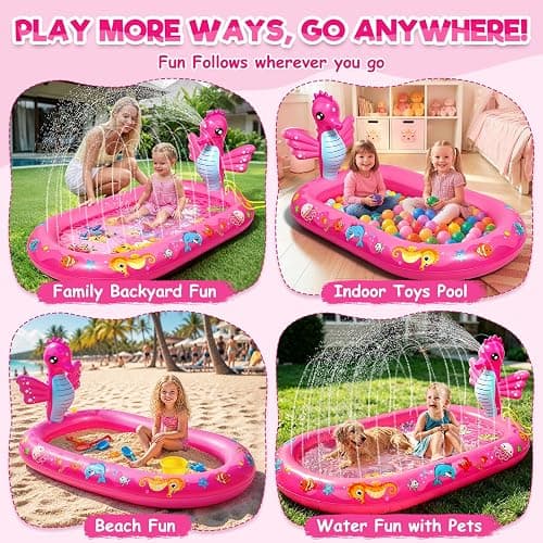 AZDYJL Splash Pad for Toddlers, 3-in-1 Seahorse Inflatable Baby Pool Sprinkler for Kids, Baby Splash Pads Outdoor Play Mat, Backyard Summer Water Toys Birthday Gift for 1+ Year Old Girls Kids thumbnail 7