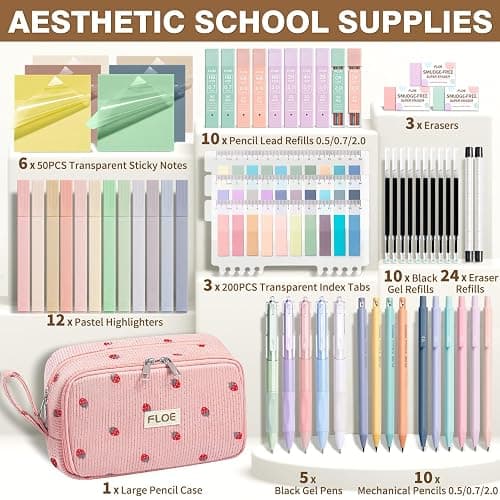 62PCS Aesthetic School Supplies Cute Back to School Supplies Stationary Set | College Preppy Essentials Kit with Large Pencil Pouch Case, Pastel Highlighters Gel Pens Mechanical Pencils for Student Girls thumbnail 3