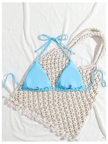 WDIRARA Women's Solid Triangle Bikini Top Sexy Halter String Micro Bathing Suits Tops thumbnail 2