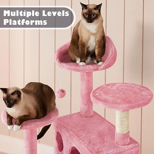 Yaheetech 54in Cat Tree Tower, Multi-Level Cat Tree for Indoor Cats with Scratching Posts, Dangling Balls Cat Play House, Pink thumbnail 4