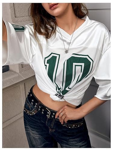 Verdusa Women's Oversized Jersey Shirt Graphic Tees V Neck Short Sleeve Vintage T Shirts thumbnail 3