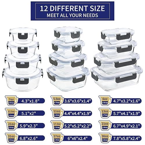 MFY 12-Pack Glass Storage Containers with Lids, Glass Meal Prep Containers Set, Airtight Lunch Containers with Lids, Microwave, Oven, Freezer and Dishwasher Safe, Gray thumbnail 2