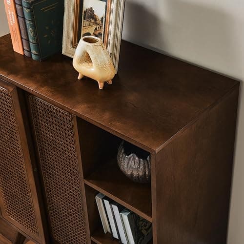 LKTART Mid Century Modern Storage Cabinet with Rattan Sliding Doors and Open Shelves, Boho Style Wooden Sideboard Buffet for Living Room,Dark Walnut thumbnail 5