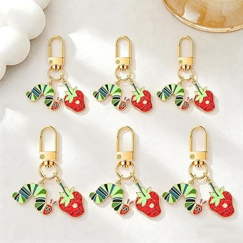 WCRAZYE 6PCS Hungry Caterpillar Keychain Brooch Jewelry Set for Women Green Caterpillar Strawberry Apple Teacher Keychains thumbnail 6