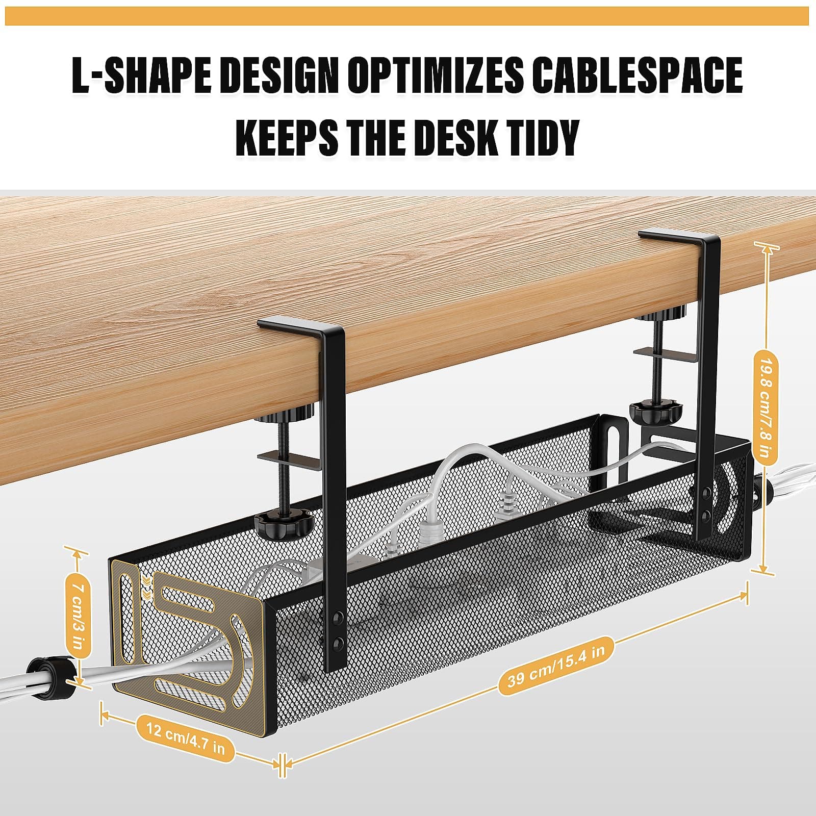 Under Desk Cable Management Tray No Drill, Metal Mesh Cable Tray with Clamp for Desk Wire Management, Desk Cable Management Box and Cord Organizer for Office, Home thumbnail 6