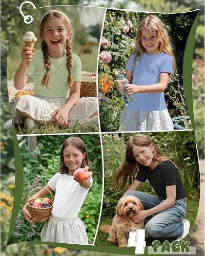 Oakgarden 4 Pack Girls T Shirts 5-14 Years Short Sleeve Ribbed Tops Crew Neck Slim Fit Summer Casual Cute Basic Tees for Kids thumbnail 2