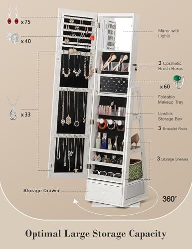 Nicetree 360° Swivel Jewelry Cabinet with Lights, Touch Screen Vanity Mirror, Rotatable Full Length Mirror with Jewelry Storage, Standing Jewelry Armoire Organizer, Foldable Makeup Shelf, White thumbnail 4
