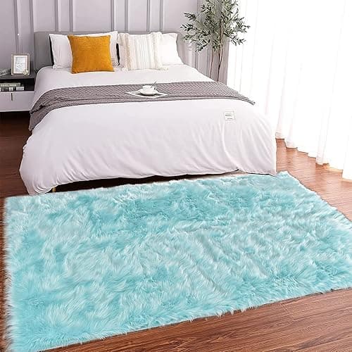Latepis High Pile Faux Fur Area Rug, 4x6 ft, Light Blue, Living Room, Bedroom Decor, Washable, Fluffy, Luxury Home Decor - 4 x 6 ft Rectangle - Light Blue - Image 1
