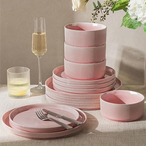 GBHOME Stoneware Dinnerware Sets for 4,12-Piece Plates and Bowls Set | Ribbed Reactive Glaze Ceramic Dish Set, Scratch Resistant, Dishwasher&Microwave Safe,Blush Pink - Image 1