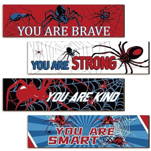 Geetery 4 Pcs Bedroom Wall Decor Boys Spider Room Decor for Kids Inspirational Wooden Hanging Sign Motivational Quote Car Wall sign for Boys Kids Nursery Playroom Kindergarten(11.8 x 3.1 Inch) - Image 1
