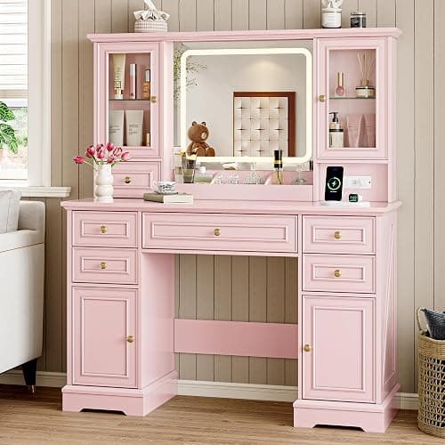 BORNOON Vanity Desk with Lights, Large LED Mirror with 3 Color Modes, Makeup Vanity with Power Outlet & USB Ports, 6 Drawers & 2 RGB Glass Cabinets, Farmhouse Dressing Table for Women & Girls (Pink) - Pink - Image 1