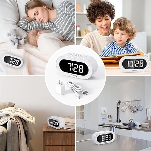 REACHER Small LED Digital Alarm Clock with Snooze, Simple to Operate, Full Range Brightness Dimmer, Adjustable Alarm Volume, Outlet Powered Compact Clock for Bedrooms, Bedside, Desk, Shelf(White) thumbnail 7
