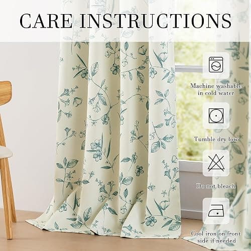ChrisDowa Beige 100% Blackout Floral Curtains 84 Inches Long 2 Panels for Bedroom Living Room Teal Flower Patterned Room Darkening Thermal Insulated Soundproof Grommet Window Treatments Drapes,52X84 thumbnail 8