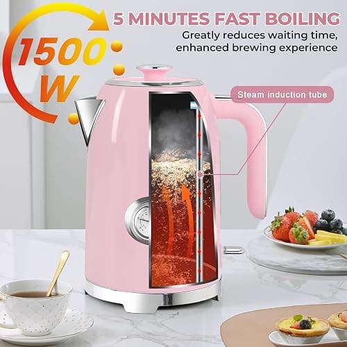 SUSTEAS Electric Kettle - 57oz Hot Tea Water Boiler with Thermometer, 1500W Fast Heating Stainless Steel Pot, Cordless LED Indicator, Auto Shut-Off & Boil Dry Protection, Pink thumbnail 5