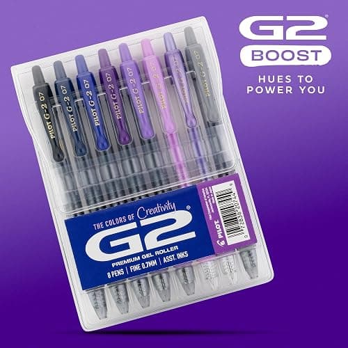PILOT G2 Premium Gel Roller Pens, G2 Boost Purple, Fine Point 0.7mm, 8-Pack | The colors of creativity, assorted black, grey & purple ink pens, fine point pen 0.7 mm, rolling ball, & contoured grip thumbnail 3