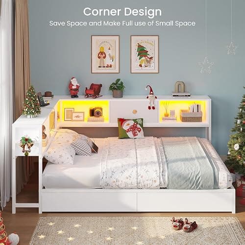 DICTAC Full Corner Bed Frame with Storage Drawers,Bookcase Headboard and Charging Station Full Size Metal Platform Corner Bed Frame with Storage and Led Lights Full Size Daybed for Teen Adult,White thumbnail 3