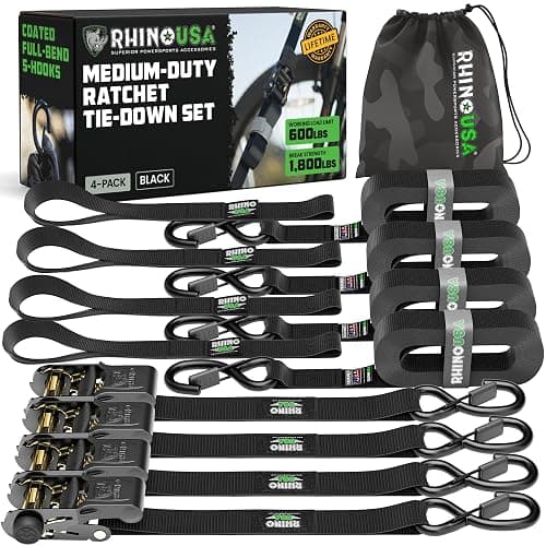 Rhino USA Ratchet Straps Tie Downs (4-Pack) - 1 Inch x 15 Feet (1,823lb Break Strength) - Ultimate Tie Down Straps with Safety S Hooks - for Trucks, Cargo, Moving, Appliances - Black - Image 1