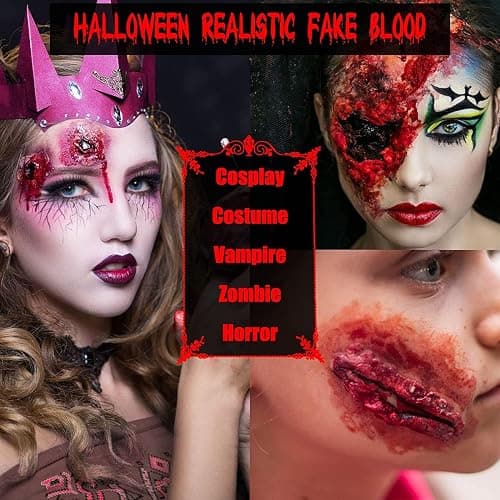 BOBISUKA 3PCS Halloween Fake Blood Makeup Kit - Coagulated 1.41oz + Spray 1.76oz + Dripping 1.76oz, Realistic Washable SFX Makeup for Zombie Monster Mouth Clothes Dress Up thumbnail 4