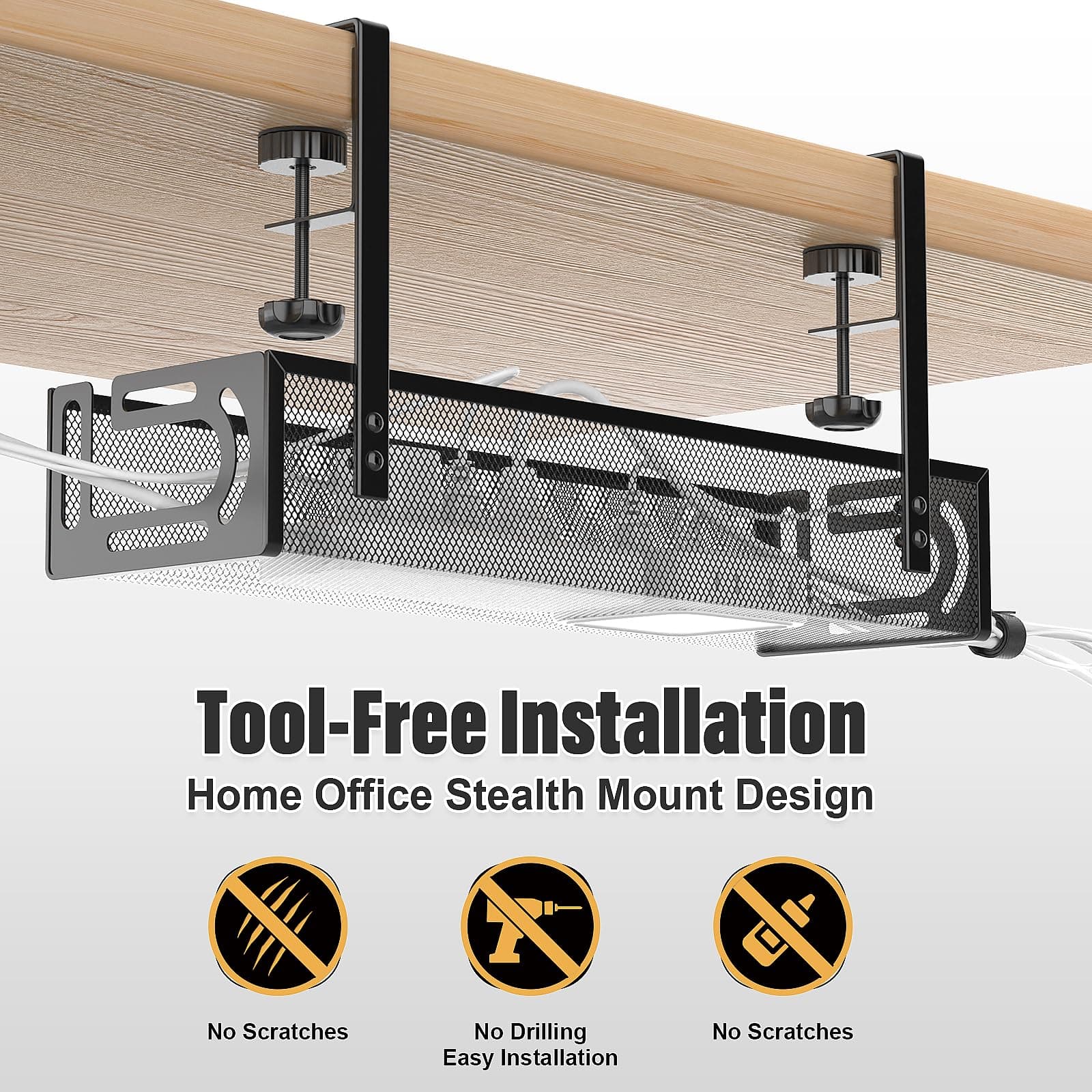 Under Desk Cable Management Tray No Drill, Metal Mesh Cable Tray with Clamp for Desk Wire Management, Desk Cable Management Box and Cord Organizer for Office, Home thumbnail 3