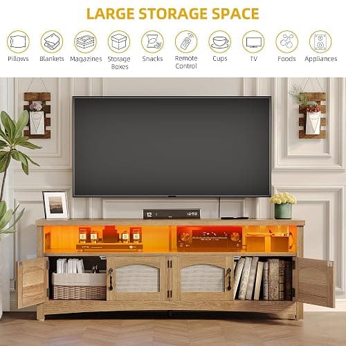 DWVO Farmhouse TV Stand for 65 inch TVs, LED Entertainment Center with Storage, TV Console with Power Outlets, Wooden Bar Coffee TV Table with Shelves for Living Room (Oak) thumbnail 3