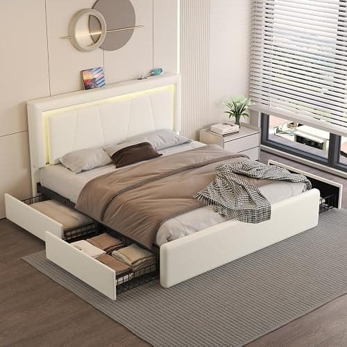 Full Size Bed Frame with 4 Storage Drawers and LED Lights, Upholstered Platform Bed with Adjustable Headboard and Charging Station, Metal Slats Support, No Box Spring Needed,Easy Assembly, White thumbnail 7