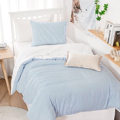 Wake In Cloud - Striped Comforter Set, Ticking Stripe Vertical Pinstripe Neutral Farmhouse Pattern Printed, Soft Lightweight Bedding, 3 Pieces, Blue White, Twin/Twin XL Size - Image 1