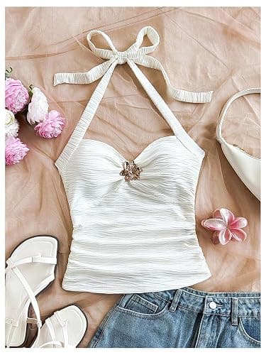 SOLY HUX Girl's Summer Ruched Halter Top Metal Decor Tie Back Sleeveless Tank Cute Vacation Tops thumbnail 5
