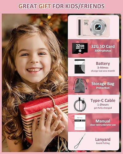 5K Digital Camera - 72MP UHD Point and Shoot Small Digital Cameras - Autofocus Compact Camera for Photography with Flash - Portable Vlogging Camara Gifts for Kids with 32GB Card, 2.8" Screen, 16X Zoom thumbnail 8