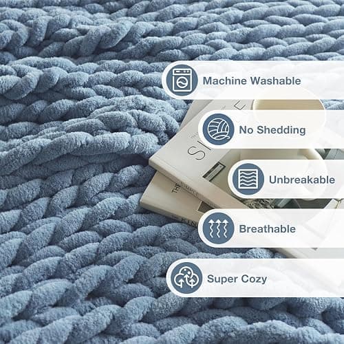 Feabuccy Soft Chunky Knit Blanket, 50X60 in Handmade Thick Chenille Yarn Throw Without Shedding & Raveling, Aesthetic & Cozy Home Decor with Couch Sofa Bed, Gift Pack, Airy Blue thumbnail 5