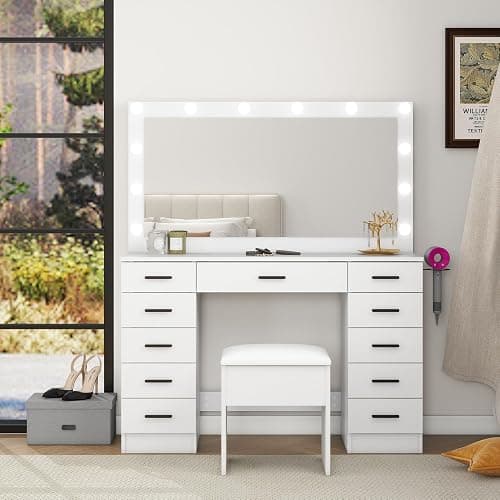 Panana Makeup Table Set with 11 Drawers, Vanity Desk with Large Mirror and Lights, Dressing Table with Storage Cushioned Stool, Power Outlet, 3 Lighting Modes for Bedroom Dressing Room (White) thumbnail 5