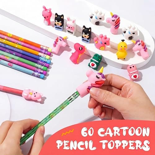 Ireer 60 Pcs Scented Pencils for Kids Animal Fruit Fun Smelly Pencils Bulk HB Graphite with 60 Pcs Cute Cartoon Toppers Gift for School Office Classroom Party Reward Supplies(Bright Style) thumbnail 2