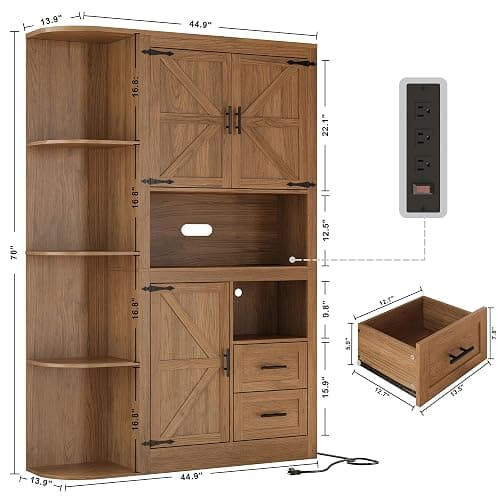 IRONCK 70" Farmhouse Kitchen Pantry, Storage Cabinet with Power Outlets, 4 Side Shelves, Buffet Sideboard with Microwave Stand, Coffee Bar with 2 Drawers, Cupboard for Dining Room (Dark Walnut) thumbnail 3