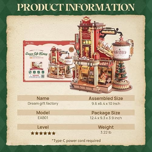 ROKR 3D Puzzle for Adults Christmas Style Dream Gift Factory Wooden Model Kit Luminous Factory DIY Dollhouse Kit Building with Music, Lights and 5 Elves for Adults thumbnail 8