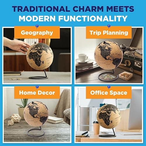 Cork Globe with Push Pins - 9.4” Globe with Map of the World and Rotating Stand for Children or Adults, 100 Metallic and 100 Colored Push Pins - World Map for Home, Office, Classroom, Travel, Kids thumbnail 2