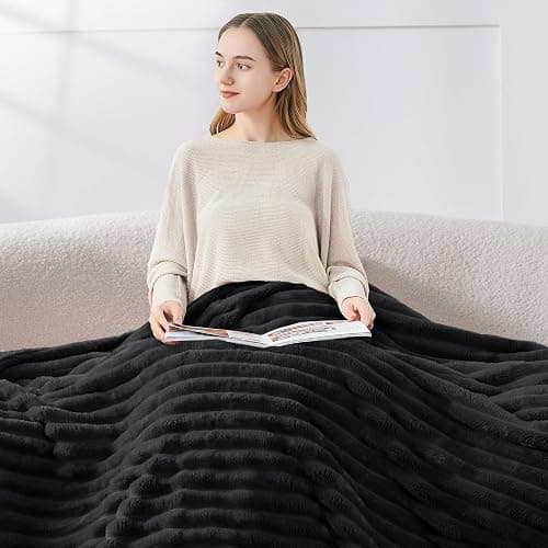 BEDELITE Fleece Throw Blanket for Couch - 300GSM Soft & Warm Fluffy Black Blanket, Decorative and Giftable Striped Blankets for Women, Men, 50"x60" thumbnail 4