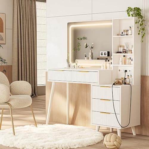 Vanity Desk with Mirror and Lights, Makeup Vanity Desk with Power Outlet, Makeup Desk with 5 Drawers&Storage Shelves, Vanity Table 3 Color Modes Adjustable Brightness Dressing Table Set for Bedroom thumbnail 6
