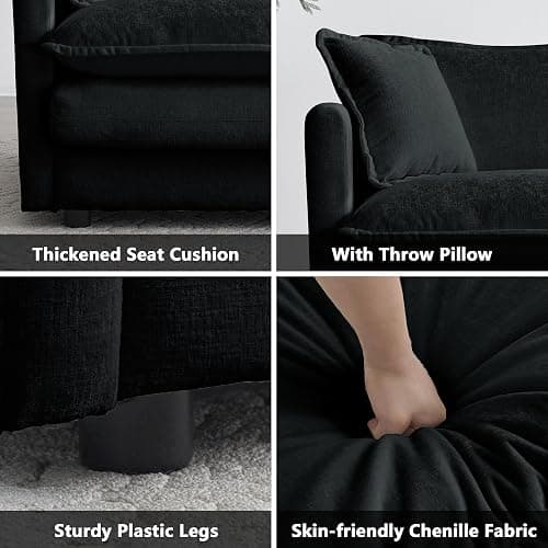 mikibama Luxury Modular Sectional Sofa, 111.5" Modern Chenille Comfy Cloud Couches for Living Room Office, 3 Seater Deep Sofa with 2 Armrest Pillows and 3 Toss Pillows, Black thumbnail 4