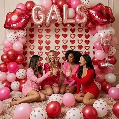 Galentines Day Party Decorations hot pink and pink Balloon Arch Garland Kit with GALS letter Wine glass rose lips Balloons for Galentines Day Party Valentines Lady Nignt Birthday Party Supplies thumbnail 5