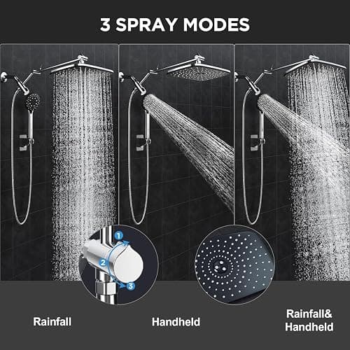Veken Wide Rain Shower Head with Handheld, High Pressure Rainfall Showerhead Combo with Arm for Bathroom Accessories, Home Decor, Detachable Dual Shower with Multi Modes Handheld Spray, Silver Chrome thumbnail 4