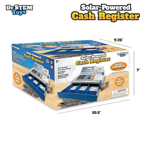 Dr. STEM Toys Solar Powered Calculator Pretend Cash Register with Play Money – 67-Piece Set for Learning Math Skills, STEM Cash Register for Kids (Gray) thumbnail 2