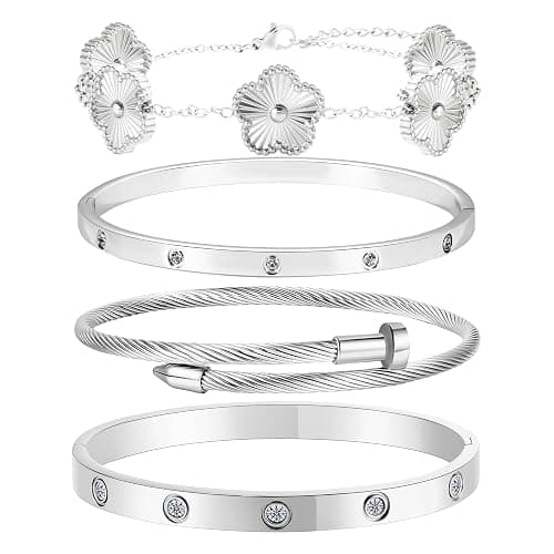 ISELBDR 18K Gold Bracelets for Women - Stackable Clover & Nail Love Bangle Set - Non-Tarnish Stainless Steel Jewelry Gift for Valentine's, Mother's Day & Christmas - Image 1