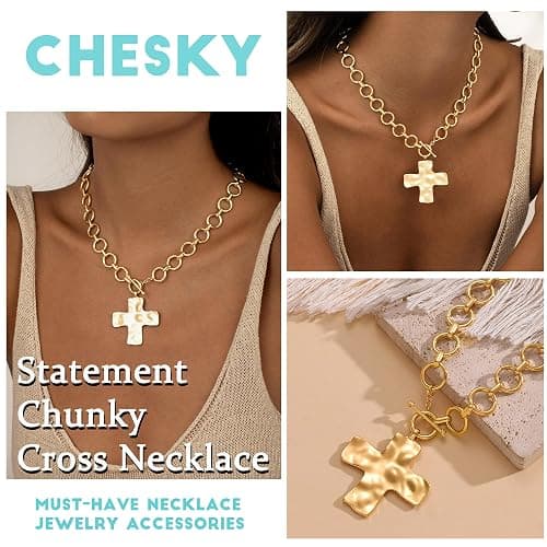 CHESKY 14K Gold Plated Chunky Cross Necklace for Women Toggle Clasp | Hammered Cross Pendant, Statement Gold Necklace, Chunky Gold Chain, Toggle Clasp Jewelry, Vintage Trendy Style thumbnail 6