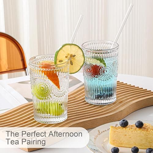 ZMOWIPDL Vintage Glassware Drinking Glasses Set of 6,13 oz Clear Textured Flower Design Glass Water Tumblers，Embossed Striped Drinkware for Water,Cocktails,Juice,Iced Coffee thumbnail 7