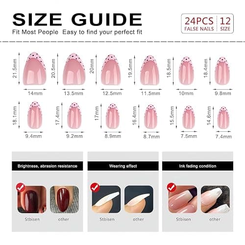 Stbisen Medium Short Almond Press On Nails, Milky Nude Fake Nails with Pink French Tips and Brown Polka Dot Design, Glossy Reusable Glue On Nails for Women Daily Wear Date Night, 24PCS thumbnail 5