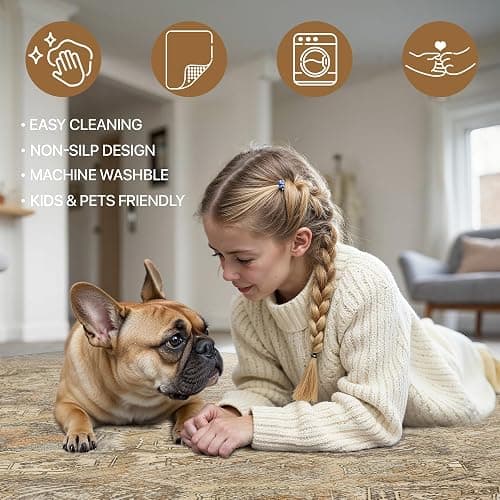 Bavni Washable Rug 8x10 Area Rug for Living Room Bedroom Dining, Washable Vintage Print Carpet, Ultra-Thin Low Pile Lightweight Rug with Non Slip Backing, Light Brown thumbnail 5