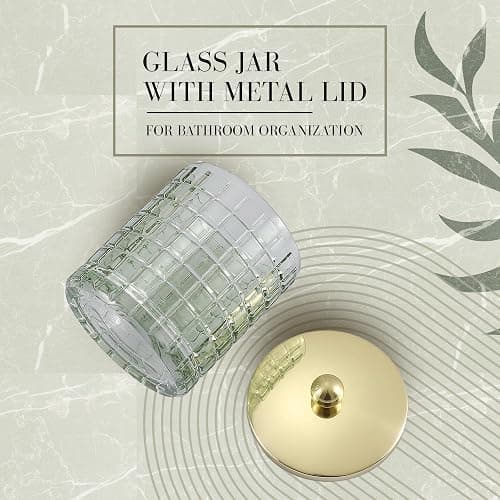 Indecor Home Sage Colored Tranlucent Apothecary Etched Geometric Grid Glass Jar W/Gold Metal Lid Cover for Bathroom Organization, Cotton Balls, Q Tips, and Small Accessories, Bathroom Storage thumbnail 5