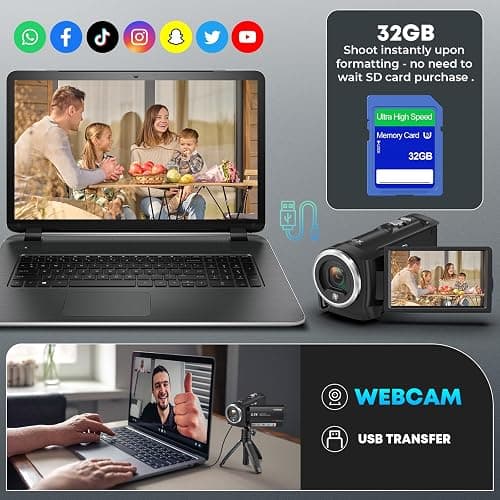 Gcasio 2.7K Video Camera Camcorder QHD 56MP YouTube Vlogging Camera Webcam 16X Digital Zoom with 32G SD Card 270 Degree Rotation Screen Camcorders and 2 Batteries Recording While Charging thumbnail 7