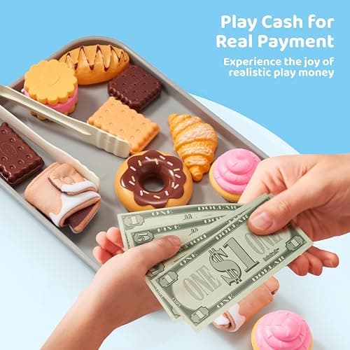 lalalark Cookie Play Food Set, Toddler Pretend Toys, 17 PCS Kitchen Toy Food Sets with Plastic Cookies, Baking Menu, Bakery Tray, and Play Money for Boys and Girls, Birthday Gift for Kids thumbnail 6